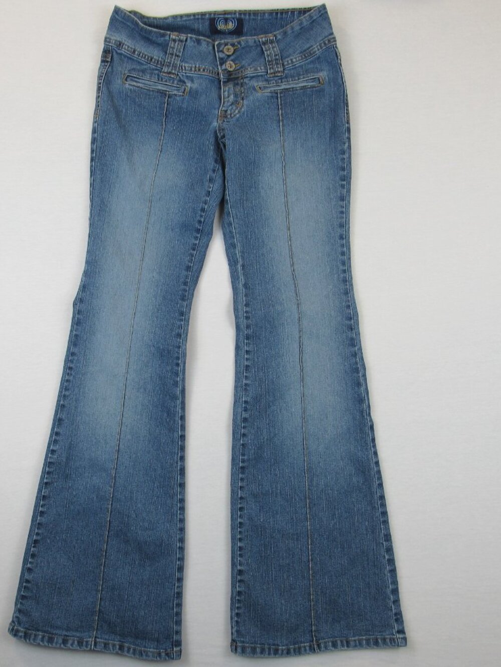 Vtg Angels Y2K Jeans Juniors 7 Low Rise Flare Stretch Pocketless Blue Denim